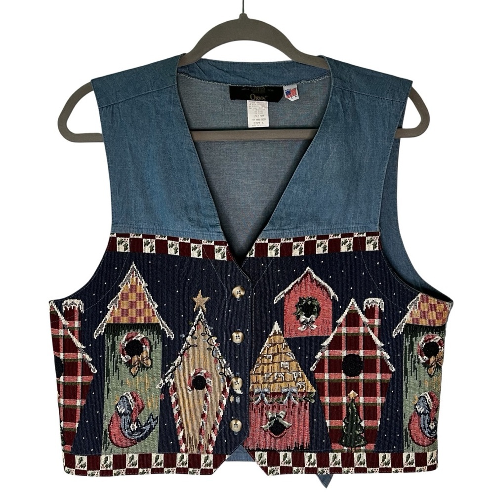 Vintage Orvis Made in the USA Chambray Christmas Birdhouse Tapestry Vest Large